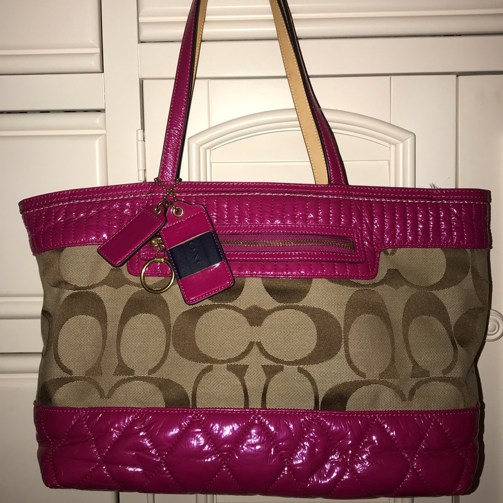 Hot pink and neutral coach purse